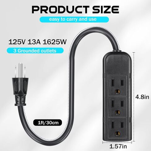 Copkim 20 Pack 3 Outlet Power Strip Flat Plug Extension Cord, 1 ft, Black in Kuwait