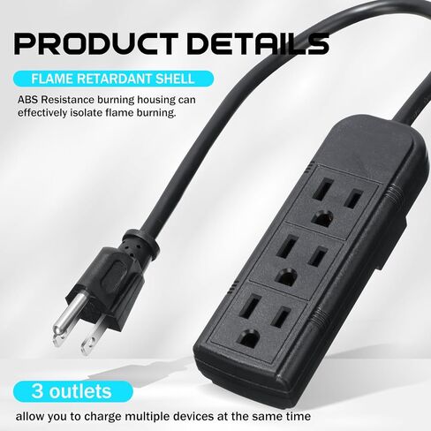Copkim 20 Pack 3 Outlet Power Strip Flat Plug Extension Cord, 1 ft, Black in Kuwait