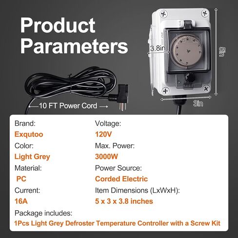 جهاز التحكم في درجة الحرارة Exqutoo IP67 لإزالة الصقيع، صندوق التحكم التلقائي في آلة إزالة الصقيع 16 أمبير 120 فولت، قابس على شكل حقيبة الظهر مع سلك طاقة 10 أقدام، نطاق درجة حرارة قابل للتعديل من -10 درجة فهرنهايت إلى 70 درجة فهرنهايت in Kuwait