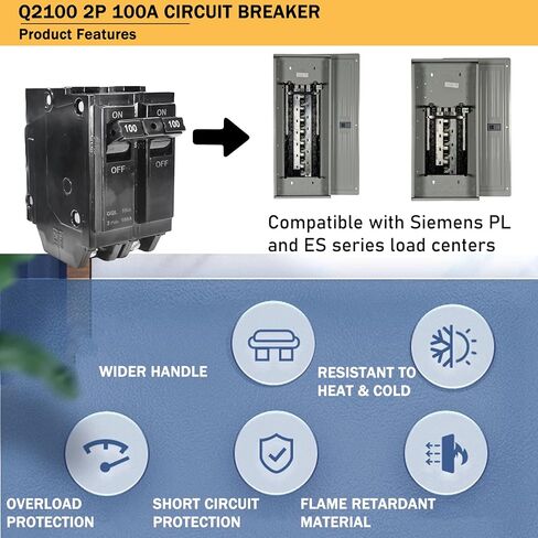قاطع دائرة Q2100 2 قطب 100 أمبير. 120/240 فولت، مناسب لنوع سيمنز EQ. مراكز تحميل من سلسلة EQL، وSEQ EQG، وPL، وES، وقاطع دائرة صغير مدمج، وحماية مغناطيسية حرارية. (ضمان 5 سنوات) in Kuwait