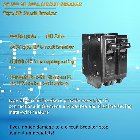 قاطع دائرة Q2100 2 قطب 100 أمبير. 120/240 فولت، مناسب لنوع سيمنز EQ. مراكز تحميل من سلسلة EQL، وSEQ EQG، وPL، وES، وقاطع دائرة صغير مدمج، وحماية مغناطيسية حرارية. (ضمان 5 سنوات) in Kuwait
