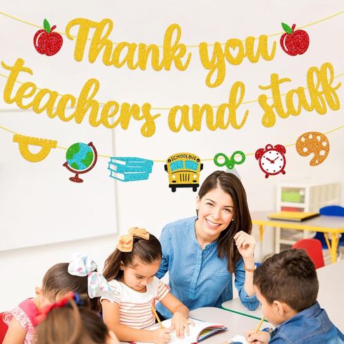 Thank You Teacher and Staff Banner National Teacher Appreciation Week Decoration We Love Our Teacher Decor Thanks for All You Do Backdrop Black Glitter Supplies in Kuwait