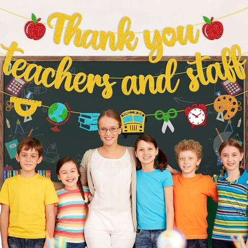 Thank You Teacher and Staff Banner National Teacher Appreciation Week Decoration We Love Our Teacher Decor Thanks for All You Do Backdrop Black Glitter Supplies in Kuwait