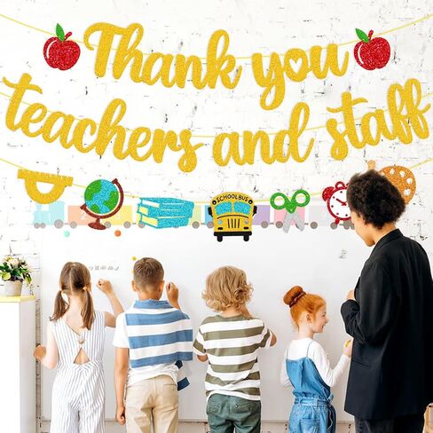 Thank You Teacher and Staff Banner National Teacher Appreciation Week Decoration We Love Our Teacher Decor Thanks for All You Do Backdrop Black Glitter Supplies in Kuwait