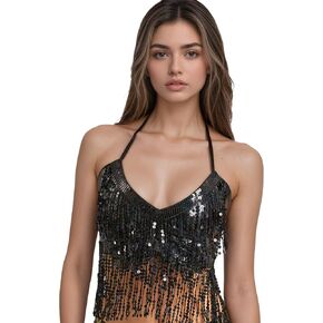 Womens Belly Dance Sequin Halter Crop Top Fringe Tassel Costume Tank Top Sparkly for Performance Stage Festival Party in Saudi Arabia