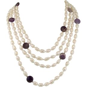 Gem Stone King 4-Row Purple Amethyst and 9-10mm Cultured Freshwater Pearl Necklace (16 Inches to 22 Inches) in Kuwait