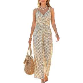 CUPSHE Women's Casual Summer Sleeveless Jumpsuit V Neck Button Wide Leg One Piece Romper Printed Beach Vacation Travel Outfit in Kuwait