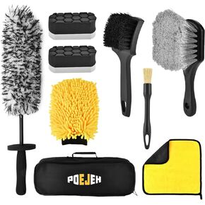 9-Piece Car Cleaning Kit - Waterproof Glove, Dual-Hardness Brushes, Flat Rim Brush & Absorbent Towel | Scratch-Free for All Vehicles, Gift for Car Enthusiasts in Kuwait