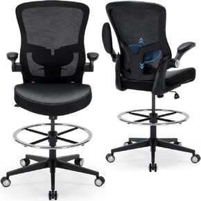 كرسي صياغة 400 رطل كرسي مكتب طويل القامة كبير وطويل مريح كرسي مكتب قائم مع دعم قطني وحلقة مسند للقدمين قابلة للتعديل، كرسي مريح شبكي عريض مع مساند للذراعين قابلة للطي، أسود in Kuwait