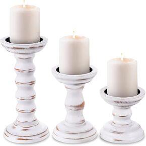 Rustic Candles Holder Set of 3 Farmhouse Wood Candle Holders Rustic Wooden Candle Stand Decorative Wood Candlestick Holdersfor Living Room, Table Centerpiece Dining Fireplace(White) in Kuwait