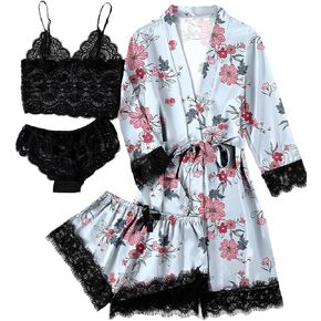 LYANER Women's 4pcs Sleepwear Satin Floral Lace Trim Cami Pajama Set with Robe in Kuwait