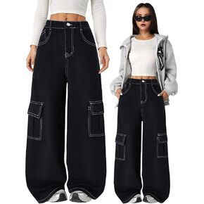 Nivne Tco Tween Girl Cargo Jeans أسود كاجوال بسحاب مغسول فضفاض واسع الساق من قماش الدنيم مع جيوب جانبية in Kuwait