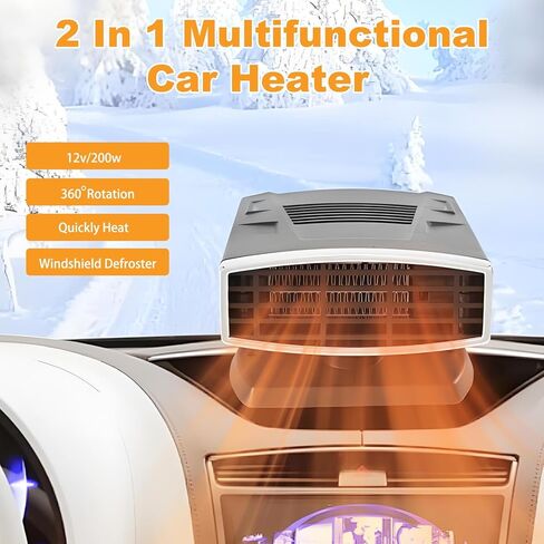 Car Heater,Portable 12V 200W Car Heater & Defroster,2-in-1 Fast Heating & Cooling Fan,Plug In Car Heater for Windshield Defogger with 360° Rotary Car Heater for Vehicle,Car,RV,SUV (Black&Silver) in Kuwait