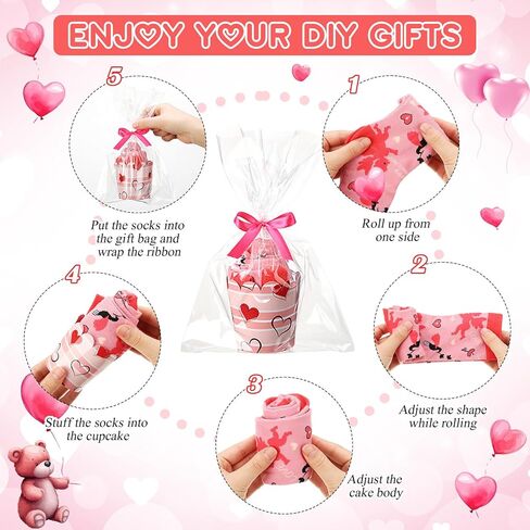 Foaincore 24 Pairs Valentine's Gifts Cupcake Socks for Women, Heart Print Cotton Mid-tube, DIY Socks with Cupcake Packaging, Galentines Gifts for Valentine Mother Girls in Saudi Arabia