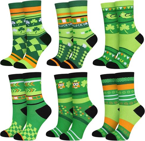 جوارب Jeerers لعيد القديس باتريك 6 أنماط من القطن الأيرلندي للرقص شامروك مخطط باللون الأخضر جوارب عالية هدايا للنساء والرجال للارتداء اليومي in Saudi Arabia