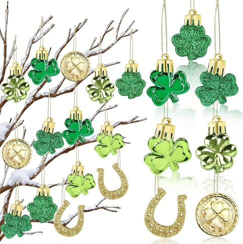 KIMOBER 48 Pcs St Patricks Day Ornaments for Tree,Irish Green Shamrock Ornaments Good Luck Clover Gold Coinages Horseshoe Hanging Tree Decoration for St. Patrick's Day Vase Filler Party Favors in Saudi Arabia