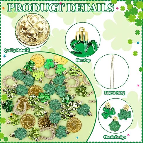 KIMOBER 48 Pcs St Patricks Day Ornaments for Tree,Irish Green Shamrock Ornaments Good Luck Clover Gold Coinages Horseshoe Hanging Tree Decoration for St. Patrick's Day Vase Filler Party Favors in Saudi Arabia