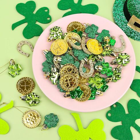 KIMOBER 48 Pcs St Patricks Day Ornaments for Tree,Irish Green Shamrock Ornaments Good Luck Clover Gold Coinages Horseshoe Hanging Tree Decoration for St. Patrick's Day Vase Filler Party Favors in Saudi Arabia