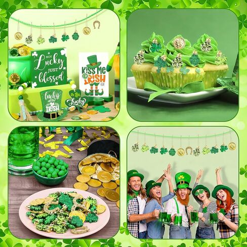KIMOBER 48 Pcs St Patricks Day Ornaments for Tree,Irish Green Shamrock Ornaments Good Luck Clover Gold Coinages Horseshoe Hanging Tree Decoration for St. Patrick's Day Vase Filler Party Favors in Saudi Arabia