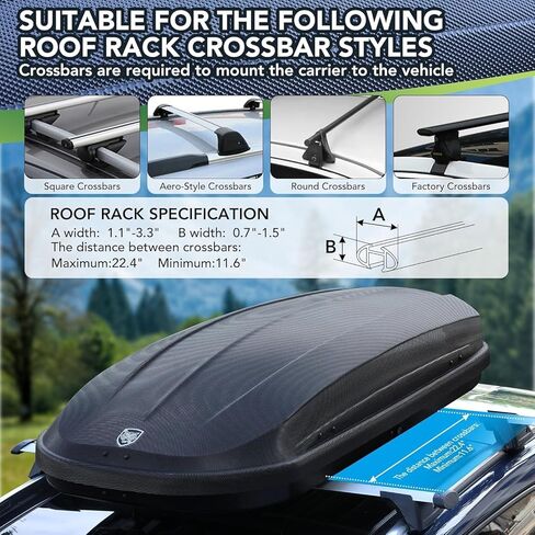Rooftop Cargo Box Carrier Dual-Side Opening,12 Cubic Hard Shell Rooftop Cargo Carrier for Car Storage,165Lbs Weight Capacity with Secure Straps&Keys in Saudi Arabia