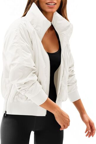 Fisoew Womens Windbreaker Crop Jackets Long Sleeve Zip Up Hidden Hooded Winter Bomber Jacket with Pockets in Saudi Arabia