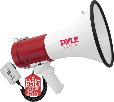 Pyle Megaphone Speaker PA Bullhorn - with Built-in Siren 50 Watts Adjustable Volume Control & Record Function - Ideal for Football, Baseball, Cheerleading Fans, Coaches or for Safety Drills PMP58U in Kuwait