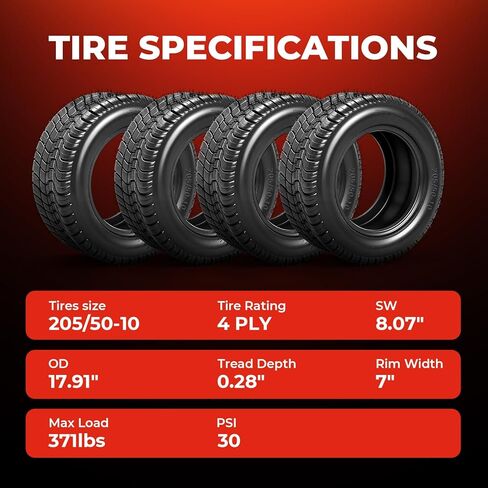 مجموعة إطارات عربة الجولف 205/50-10 مكونة من 4 قطع، 205x50-10 إطارات العشب والحديقة لجزازة العشب لنادي عربة الجولف، 4PR لايحتاج in Saudi Arabia