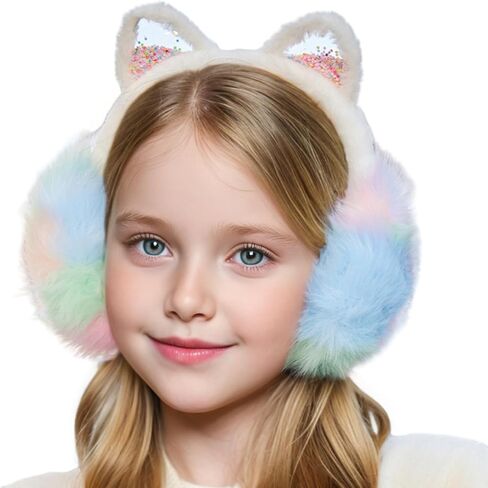 JIAHG Cute Rainbow Colored Cat Ear Covers Winter Earmuffs Soft Faux Fur Ear Warmers Adjustable for Adults Kids Thermal Plush Earmuffs in Saudi Arabia