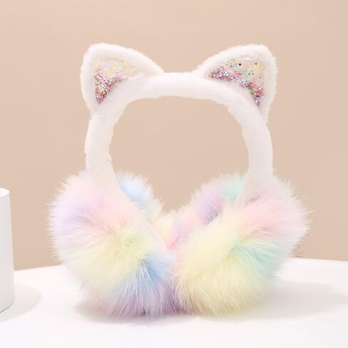 JIAHG Cute Rainbow Colored Cat Ear Covers Winter Earmuffs Soft Faux Fur Ear Warmers Adjustable for Adults Kids Thermal Plush Earmuffs in Saudi Arabia