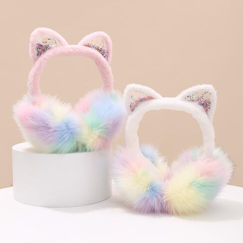 JIAHG Cute Rainbow Colored Cat Ear Covers Winter Earmuffs Soft Faux Fur Ear Warmers Adjustable for Adults Kids Thermal Plush Earmuffs in Saudi Arabia
