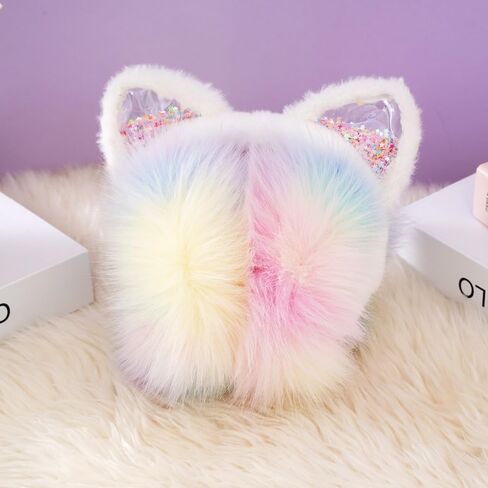 JIAHG Cute Rainbow Colored Cat Ear Covers Winter Earmuffs Soft Faux Fur Ear Warmers Adjustable for Adults Kids Thermal Plush Earmuffs in Saudi Arabia