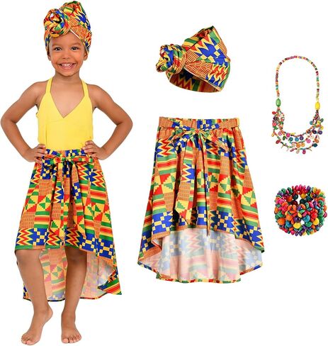 4 قطعة ملابس فتاة أفريقية Dashiki أنقرة فستان تقليدي تقليدي ملابس أطفال صغار تنورة طويلة رأس لف قلادة أساور in Kuwait
