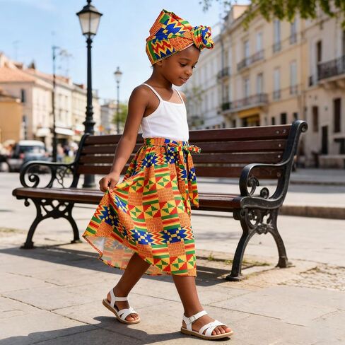 4 قطعة ملابس فتاة أفريقية Dashiki أنقرة فستان تقليدي تقليدي ملابس أطفال صغار تنورة طويلة رأس لف قلادة أساور in Kuwait