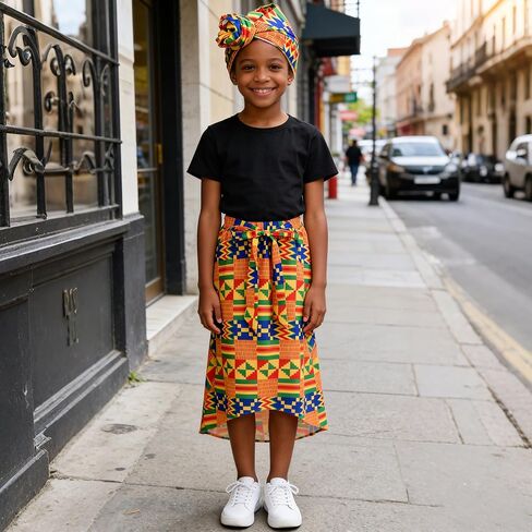4 قطعة ملابس فتاة أفريقية Dashiki أنقرة فستان تقليدي تقليدي ملابس أطفال صغار تنورة طويلة رأس لف قلادة أساور in Kuwait