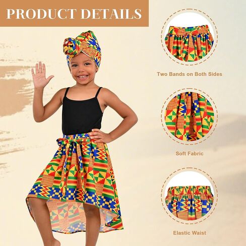 4 قطعة ملابس فتاة أفريقية Dashiki أنقرة فستان تقليدي تقليدي ملابس أطفال صغار تنورة طويلة رأس لف قلادة أساور in Kuwait