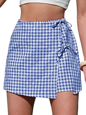 EXLURA Womens Summer Gingham Mini Skirts Skorts Cotton Plaid High Waisted Side Tie Shorts Casual Y2K Tennis Golf Outfits 2026 in Saudi Arabia