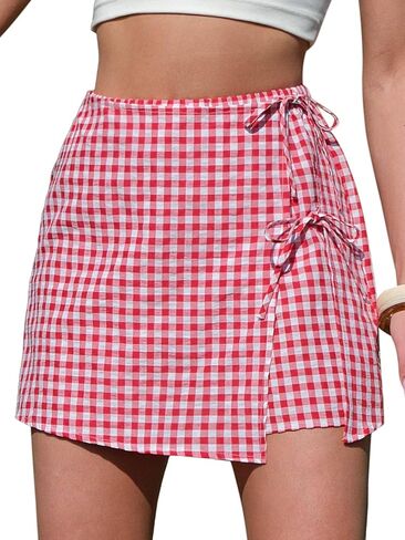 EXLURA Womens High Waisted Gingham Skort A-Line Wrap Mini Skirt with Shorts Side Tie Cotton Plaid Skorts Summer Outfits 2026 in Saudi Arabia