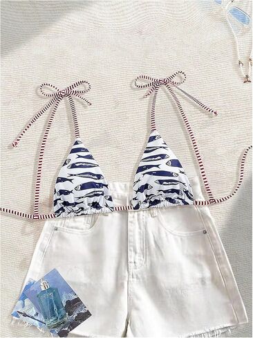 MAKEMECHIC Women's Triangle Bikini Top Fish Tie Shoulder Bathing Suit Tops Swimwear in Saudi Arabia