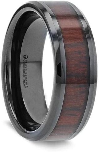 KAI Beveled Black Ceramic Ring with Cocobolo Wood Inlay - 8mm in Saudi Arabia