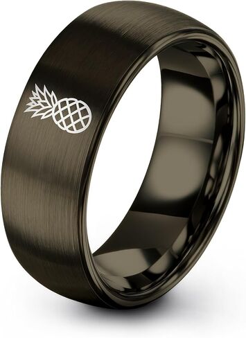 Gift for Tropical Decor Fan - Pineapple Ring - Band - Men Women - 8mm - Tungsten - Brushed Polished - Personalized Custom Engraving - Flat Dome Bevel - Anniversary Wedding - Yellow Rose Gold Gunmetal in Kuwait
