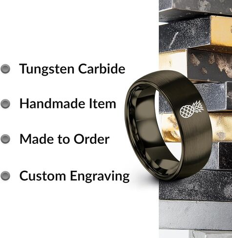 Gift for Tropical Decor Fan - Pineapple Ring - Band - Men Women - 8mm - Tungsten - Brushed Polished - Personalized Custom Engraving - Flat Dome Bevel - Anniversary Wedding - Yellow Rose Gold Gunmetal in Kuwait