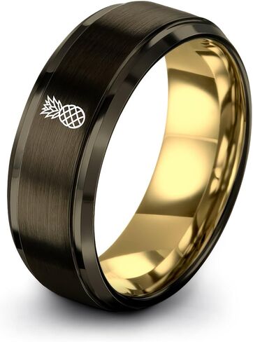 Gift for Tropical Decor Fan - Pineapple Ring - Band - Men Women - 8mm - Tungsten - Brushed Polished - Personalized Custom Engraving - Flat Dome Bevel - Anniversary Wedding - Yellow Rose Gold Gunmetal in Kuwait