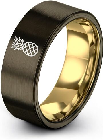 Gift for Tropical Decor Fan - Pineapple Ring - Band - Men Women - 8mm - Tungsten - Brushed Polished - Personalized Custom Engraving - Flat Dome Bevel - Anniversary Wedding - Yellow Rose Gold Gunmetal in Kuwait