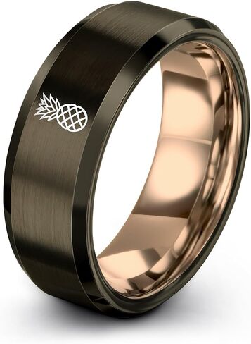 Gift for Tropical Decor Fan - Pineapple Ring - Band - Men Women - 8mm - Tungsten - Brushed Polished - Personalized Custom Engraving - Flat Dome Bevel - Anniversary Wedding - Yellow Rose Gold Gunmetal in Kuwait
