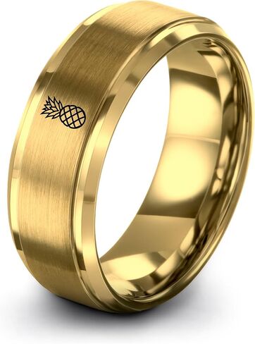 Gift for Tropical Decor Fan - Pineapple Ring - Band - Men Women - 8mm - Tungsten - Brushed Polished - Personalized Custom Engraving - Flat Dome Bevel - Anniversary Wedding - Yellow Rose Gold Gunmetal in Kuwait
