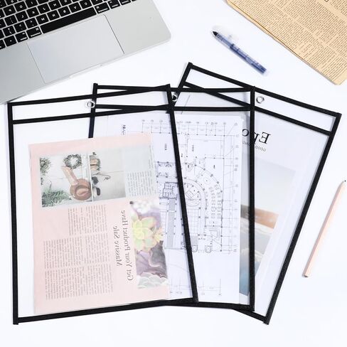 30 Pcs Job Ticket Holders Dry Erase Pocket Sleeves Heavy Duty Sheet Protectors Plastic Sleeves for Paper 8.5x11 Clear Paper Document Protectors for Office Classroom Home, Black in Kuwait