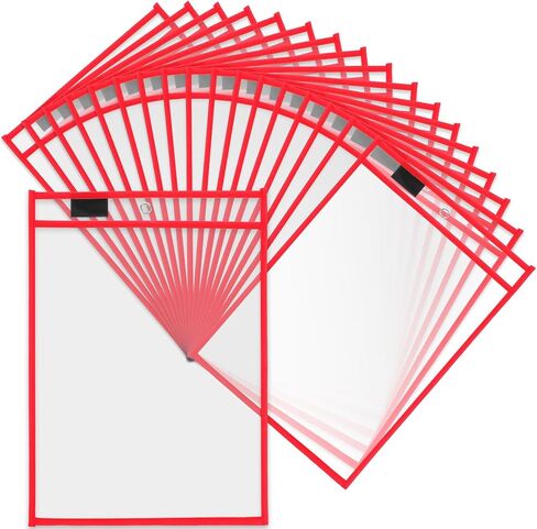 25 Pack Dry Erase Pockets Plastic Job Ticket Holders Shop Holder Order Pockets Clear Sleeves Tickets Folders Plastic Sleeves Paper Teacher Supplies for Classroom(9 x 12 in, Red in Kuwait