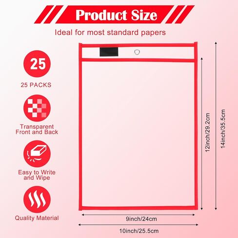 25 Pack Dry Erase Pockets Plastic Job Ticket Holders Shop Holder Order Pockets Clear Sleeves Tickets Folders Plastic Sleeves Paper Teacher Supplies for Classroom(9 x 12 in, Red in Kuwait