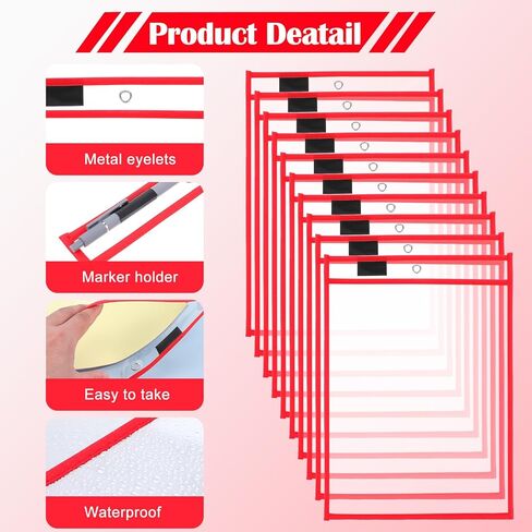 25 Pack Dry Erase Pockets Plastic Job Ticket Holders Shop Holder Order Pockets Clear Sleeves Tickets Folders Plastic Sleeves Paper Teacher Supplies for Classroom(9 x 12 in, Red in Kuwait