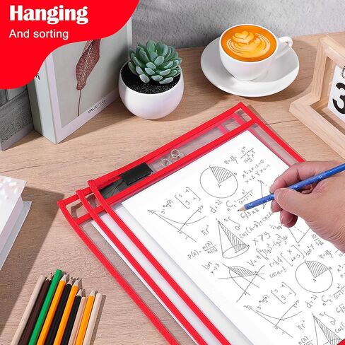 25 Pack Dry Erase Pockets Plastic Job Ticket Holders Shop Holder Order Pockets Clear Sleeves Tickets Folders Plastic Sleeves Paper Teacher Supplies for Classroom(9 x 12 in, Red in Kuwait